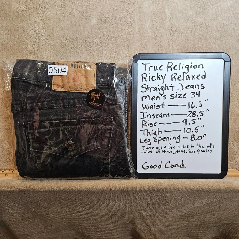 True Religion Ricky Relaxed Straight Black Jeans Mens 34 Flap Pocket Distressed